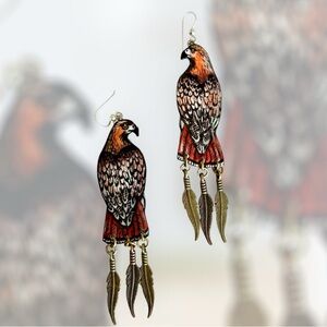 Handpainted red tail hawks earrings w base bronze metal feather charms OOAK